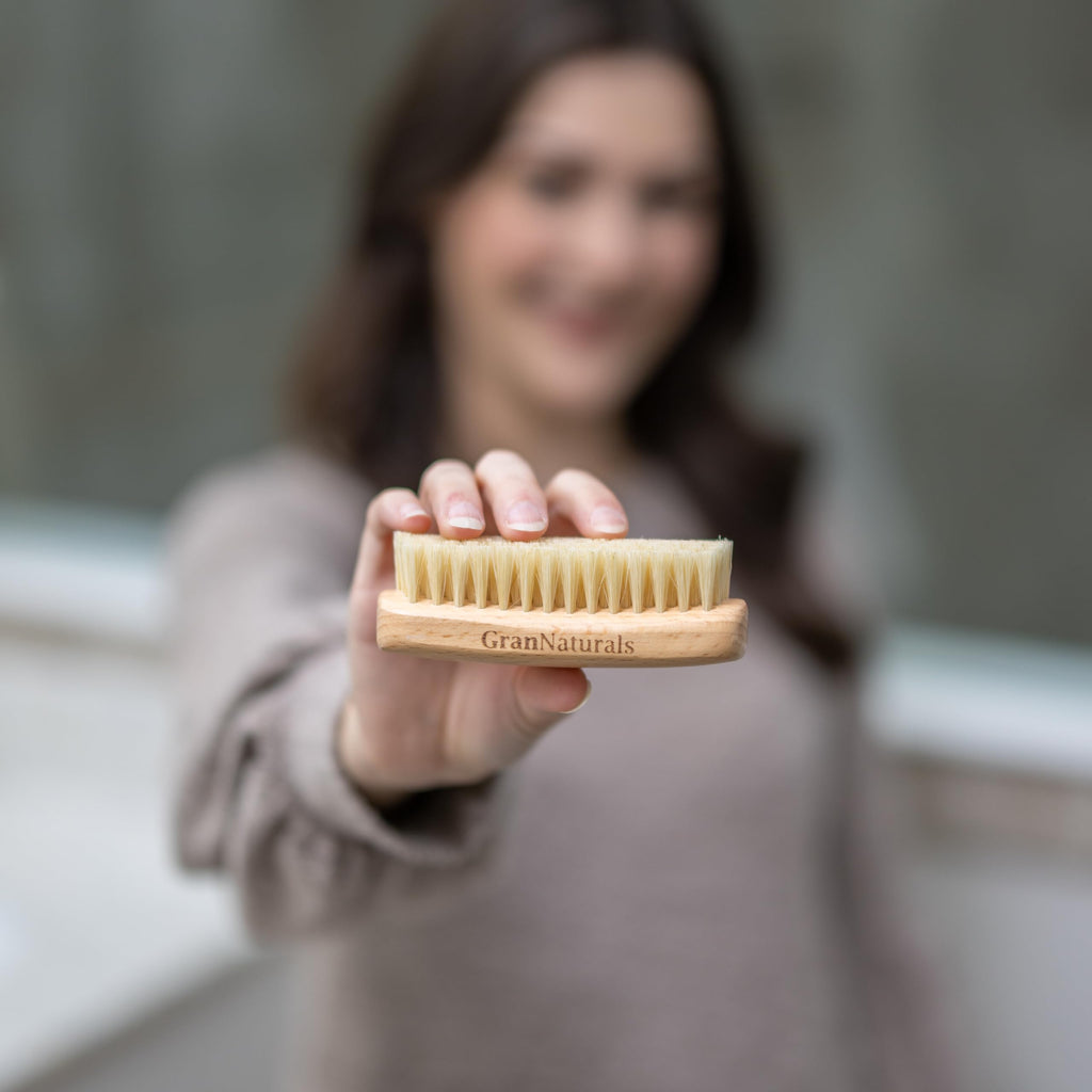 GranNaturals Palm Size Boar Bristle Smoothing Hair Brush - Soft White Bristle Slick Back Hairbrush for Slicking Hair to Create Sleek Style - Natural Wood Handle for Women + Men