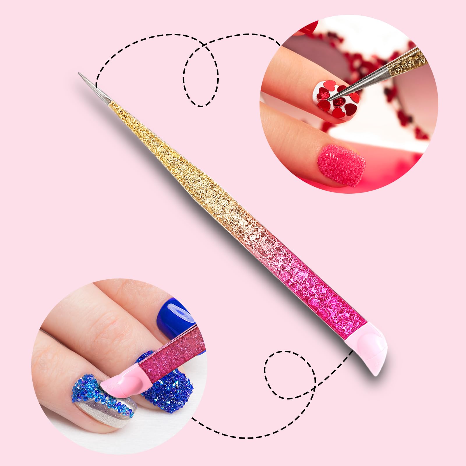 Ouligay 2Pcs Double Ended Nail Art Tweezers Stainless Steel Tweezer Straight Curved Tip Tweezers with Silicone Pressing Head for Nail Crafts Rhinestone Stickers Jewel Gem Picker Tool