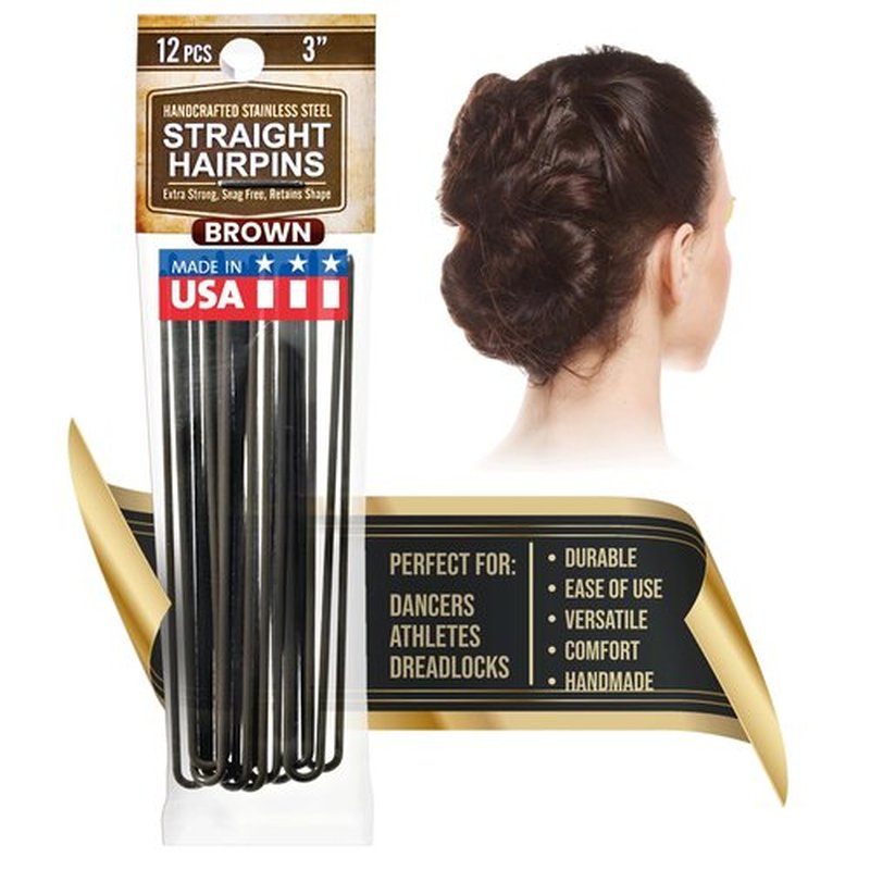 Amish Valley Products Straight Stainless Steel Heavy Duty Snagless Hairpins Handmade Hair Pin (Brown, 3 Inch)