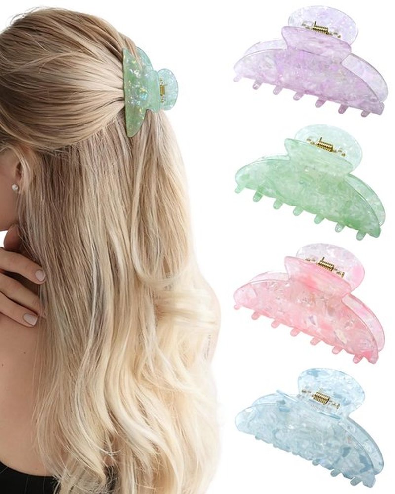 ACECHA 4 Pack Acrylic Hair Claw Clips for Women, 3.1 Inches Shiny Cute Hair Grip Hairclips for Thin and Thick, Banana Barrettes Hair Clups Strong Hold Hair Accessories (Blue, Green, Purple, Pink)