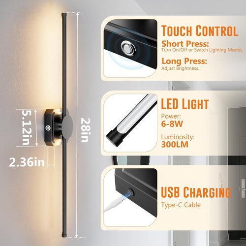 HEERTTOGO Battery Operated Wall Sconces - Set of 2 Dimmable LED Lights with Remote Control | 360° Rotatable, 3-Color Temperature