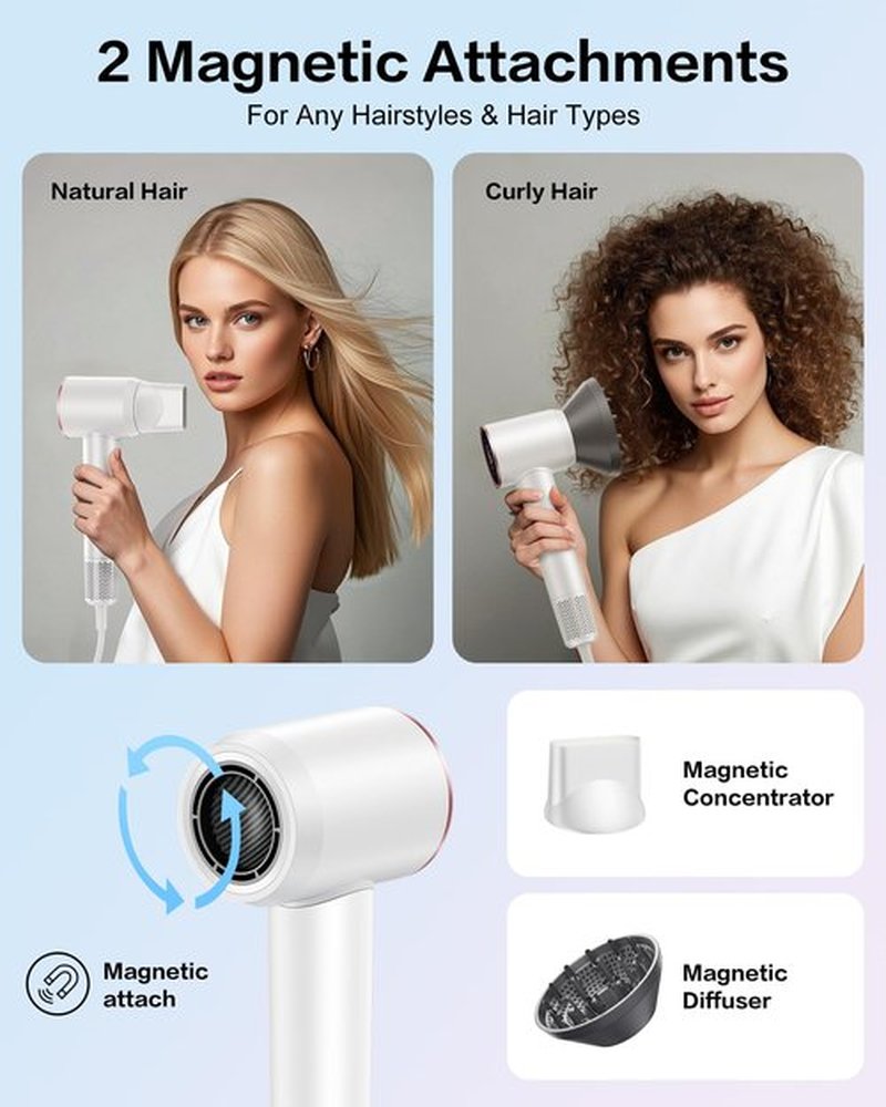 Hair Dryer with Diffuser,High Speed Ionic Blow Dryer 500 Millions Negative Ionic Low Noise,Magnetic Attachments,Thermo Control for Home Travel Salon White