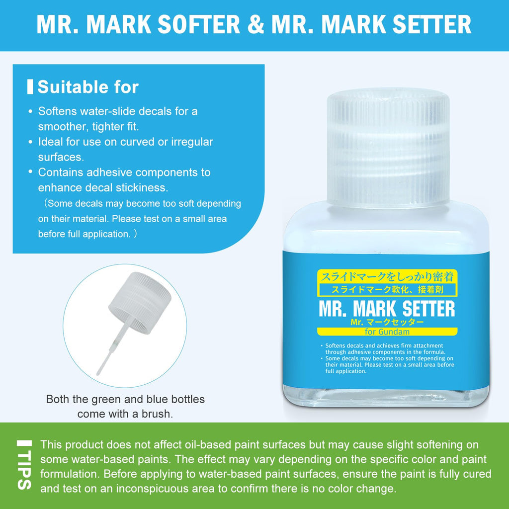 Mr. Mark Setter & Softer Bundle for Gundam Models, Decal Adhesive & Softening Solution Set, Strong Adhesion & Curve Conform Fit, 2 Bottles - 40ml + 40ml