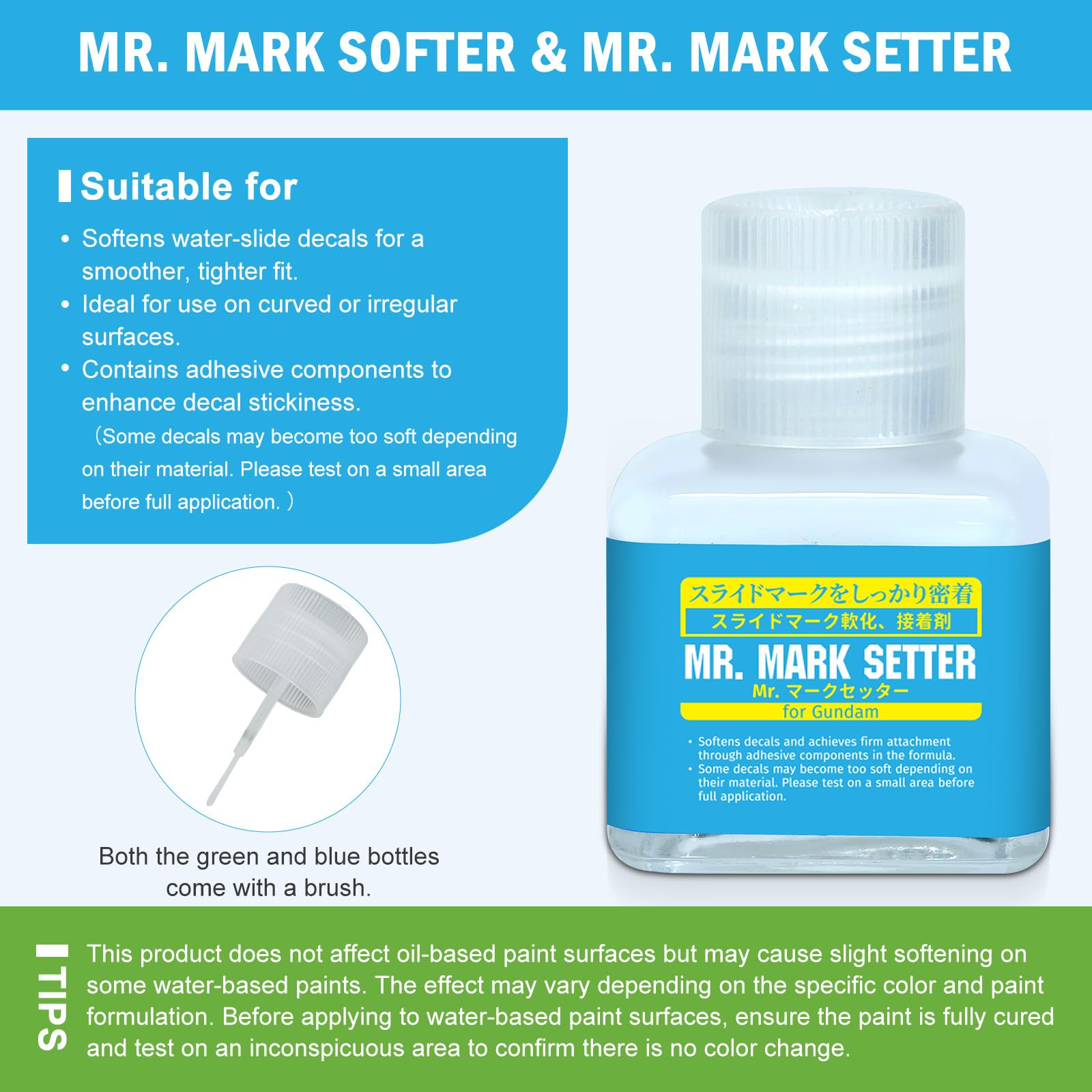Mr. Mark Setter & Softer Bundle for Gundam Models, Decal Adhesive & Softening Solution Set, Strong Adhesion & Curve Conform Fit, 2 Bottles - 40ml + 40ml