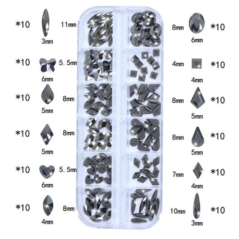 LIYMNQYJ Nail Rhinestones - 3D Multi Shape Size, Crystal, Manicure Rhinestones Charms, Mineral Gray Nail Gems, Flat Back, with Kit, for Nail Art, DIY Decorations