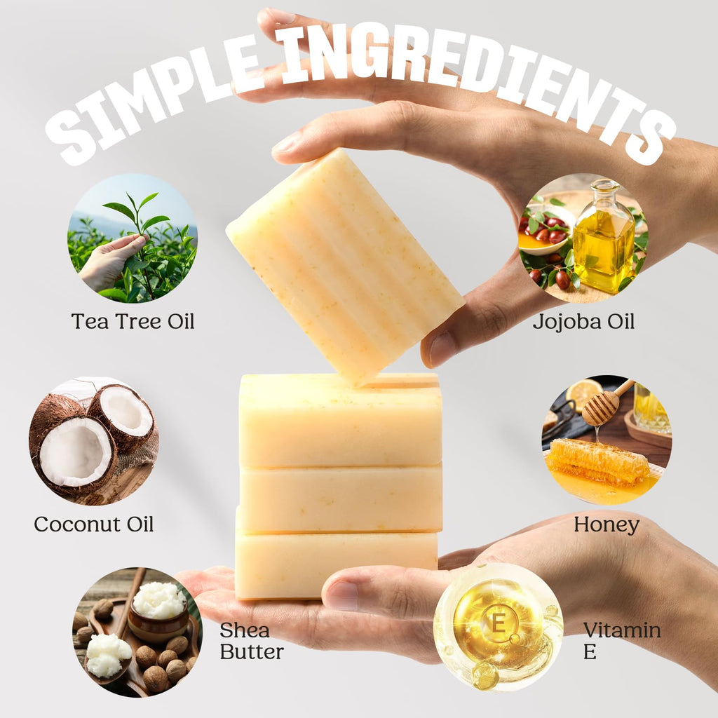 CADDISE Natural Soap Bar – Handmade Soap with Foaming Pouch, Face & Body Wash, Moisturizing & Cleansing with Tea Tree & Coconut Oil, Shea Butter, Jojoba & Honey, Gift for Men & Women, 4 Pack 16.8 Oz