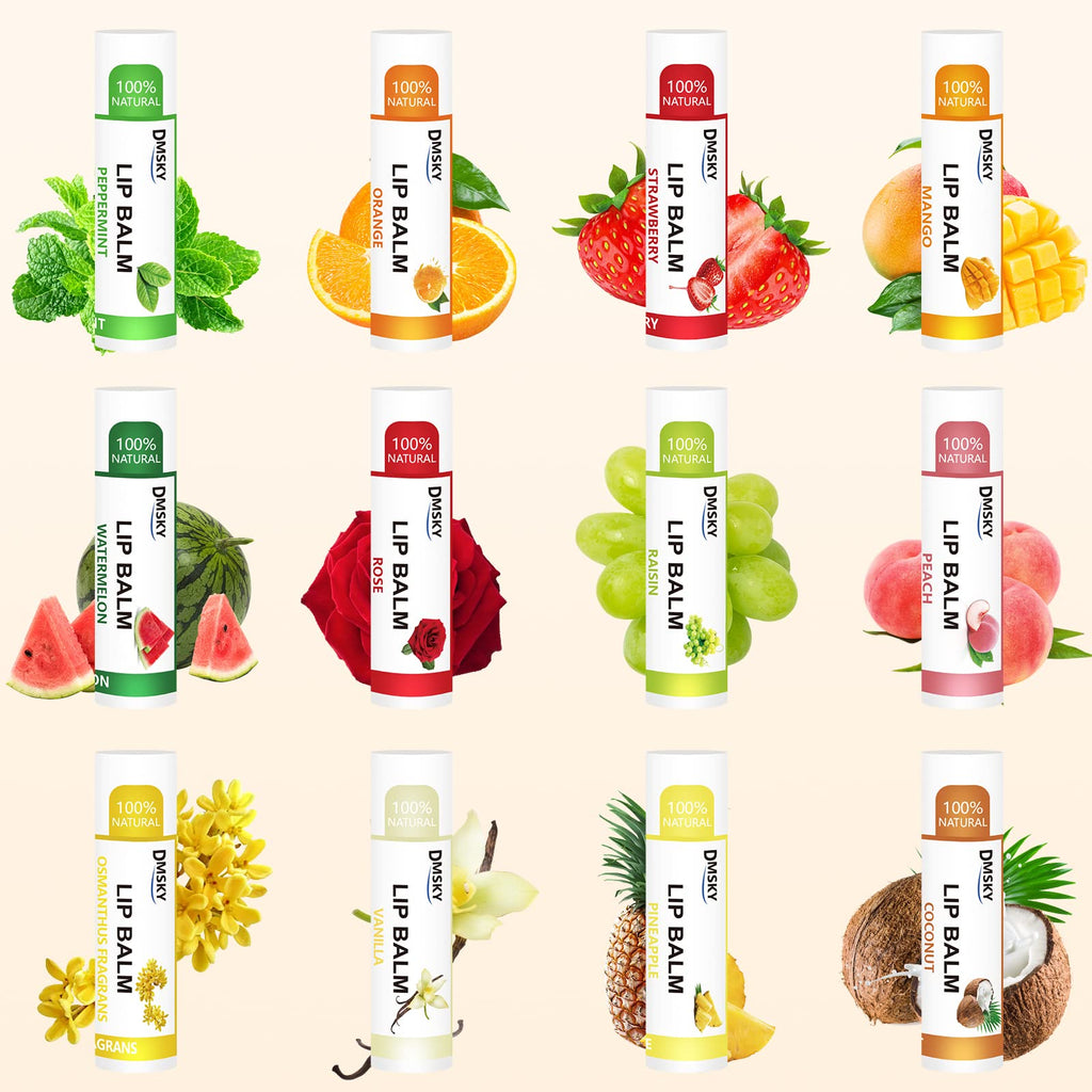 DMSKY 12 Pack Lip Balm, Natural Lip Balm Bulk with Vitamin E and Coconut Oil, Moisturizing Lip Care for Dry Chapped Lips, Party Favors-12 Flavors