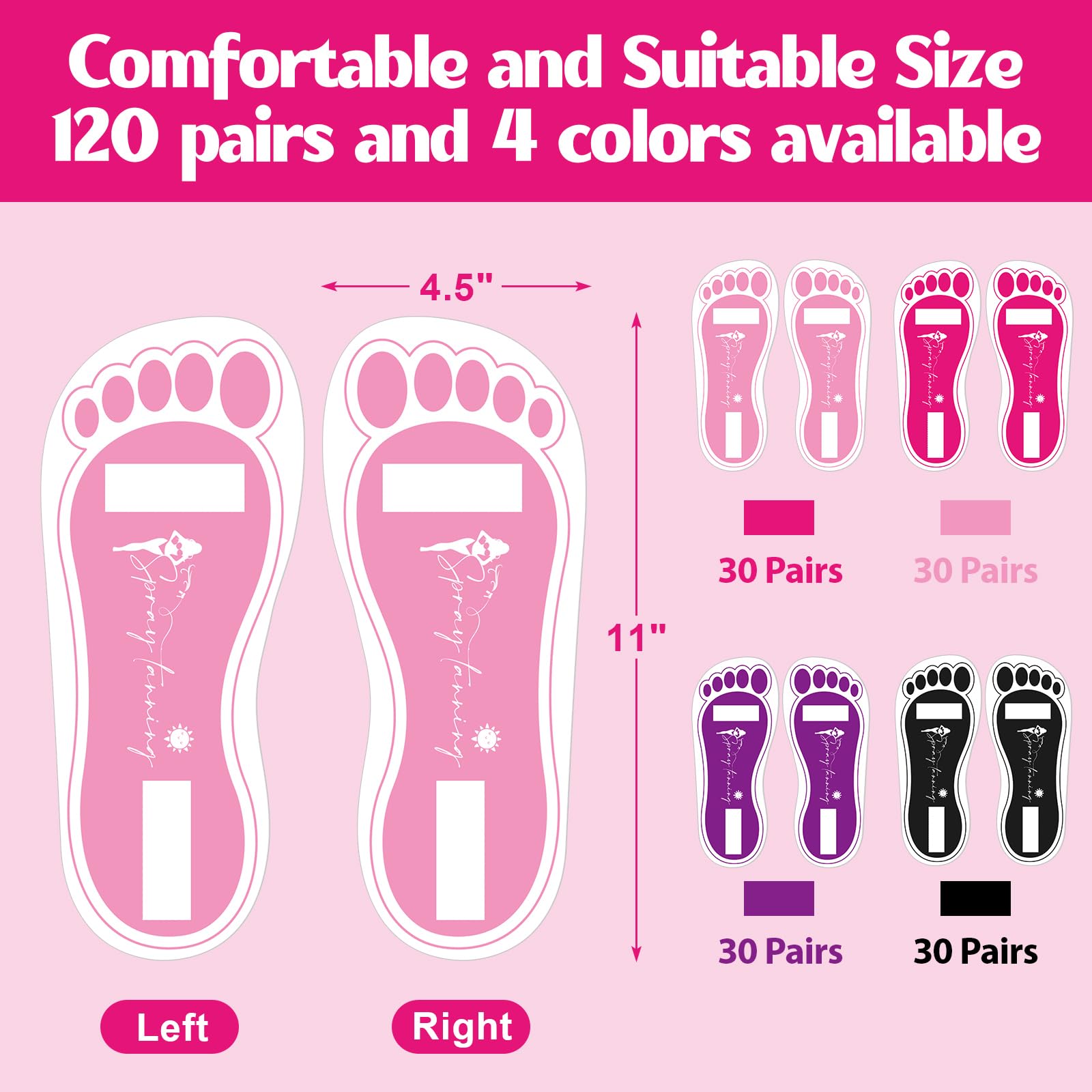 Suhine 120 Pairs (240 Feets) Disposable Spray Tanning Feet Pads Bulk Sticky Secure Spray Tan Feet Pads Accessories for Sunless Tanning Hygienic Foot Salons Spas(Black, Rose Red, Purple, Pink)