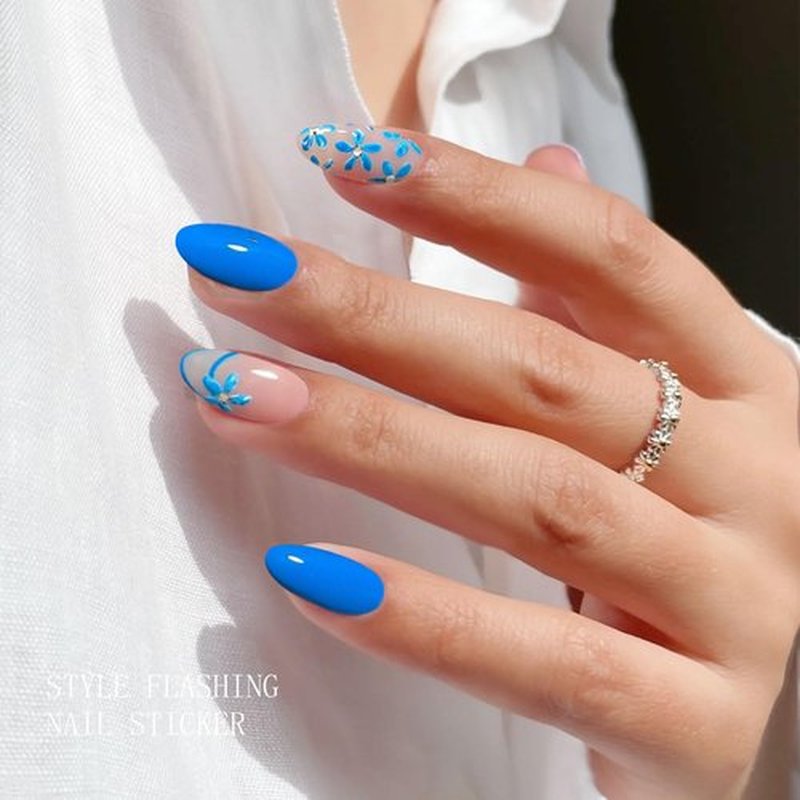 JMEOWIO Gel Nail Stickers Blue Flower French Tip Semi Cured Gel Nail Strips Wraps UV/LED Nails Art Design Decoration Accessories