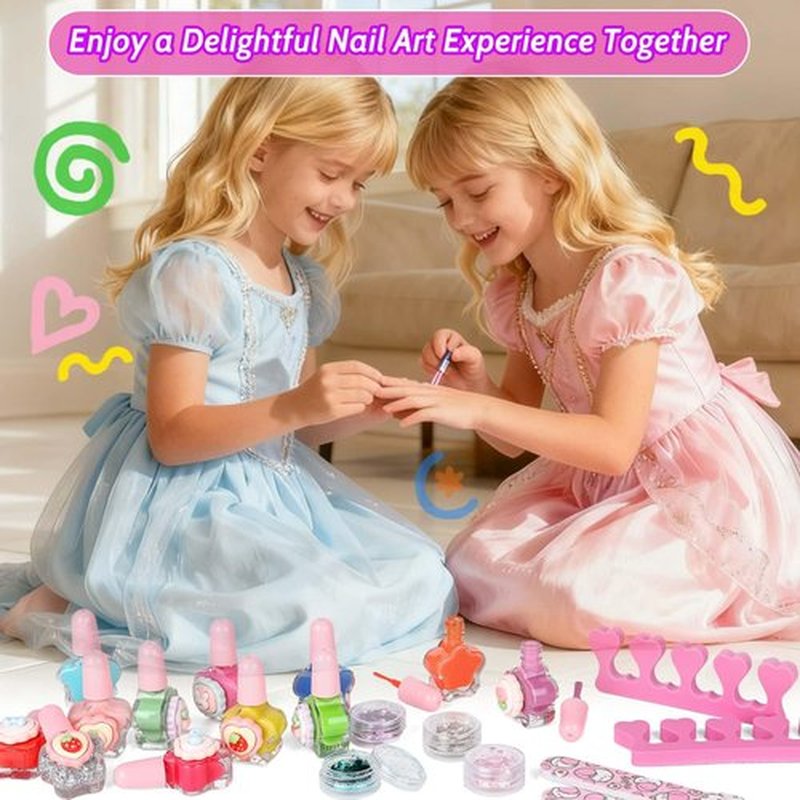 Kids Nails and Nail Polish for Girls, 144 Mini Press On for Kids, 12 Non-Toxic Nail Polish, Dryer, Gems Stickers, Cute Nail Stuff Gift for Girls Age 8-12