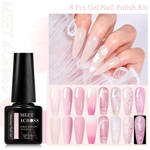 MEET ACROSS Gel Nail Polish Set, 8 Colors, UV/LED Soak Off (Pink, 8pcs)