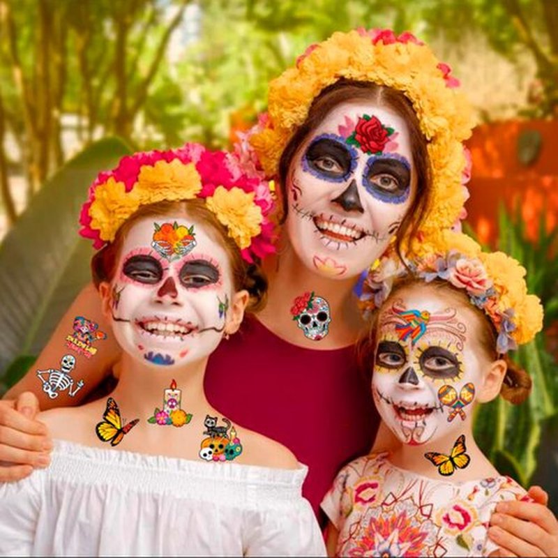 HOWAF 96pcs Day of the Dead Face Tattoos, Dia De Los Muertos Costume Skuall Temporary Tattoos, Day of the Dead Floral Skull Tattoos Stickers for Halloween Mexican Fiesta Party Decoration