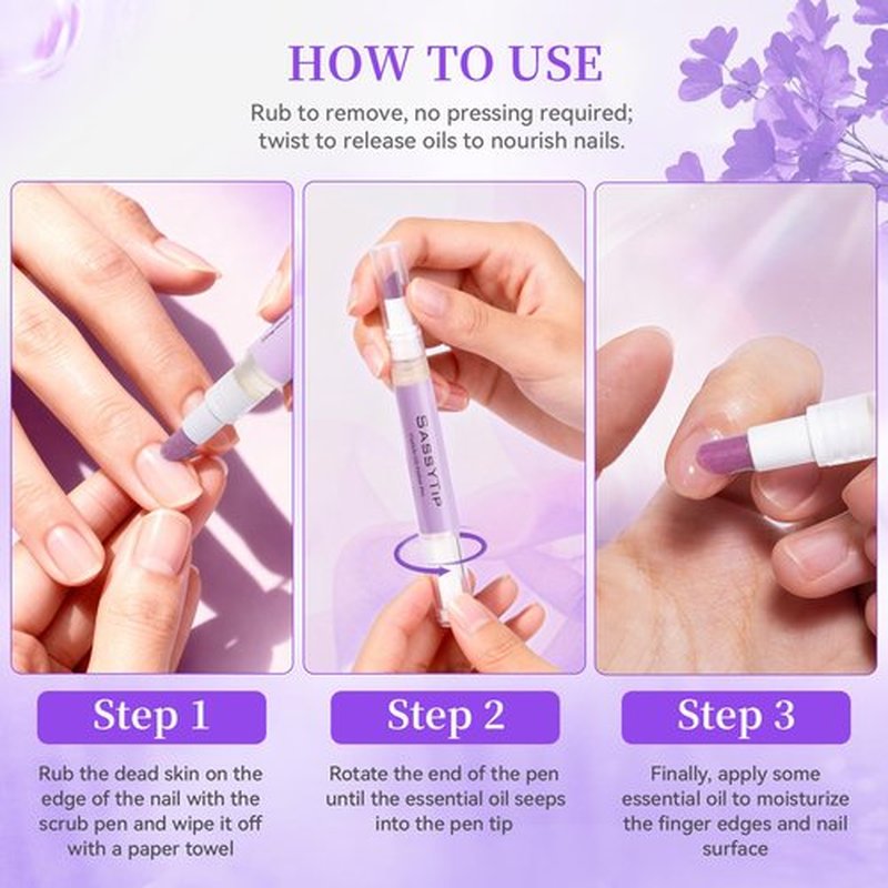 SASSYTIP Ceramic Cuticle Pusher & Oil Pen, 2ml Rose/Lavender/Fragrance Free Scented Nail Care Pen, Gentle Cuticle Remover for Dry & Damaged Nails, Moisturize Strengthen Brighten (Pink&Purple)