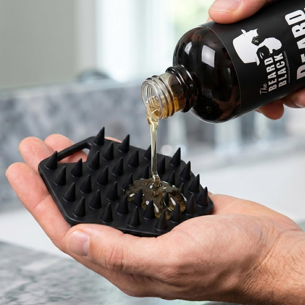 The BEARD BLACK Silicone Beard Scrubber - Deep Cleansing Beard Brush for Men - Manual Exfoliating Face Scrubber for Beardruff & Flake Removal - Soft Touch Grooming Tool for Shower & Travel