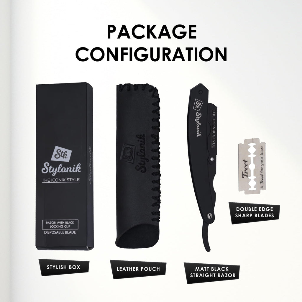 Stylonik Professional Straight Edge Barber Razor – 60 Single/30 Double-Sided Stainless Steel Blades for Men & Women, with Leather Case (Matt)