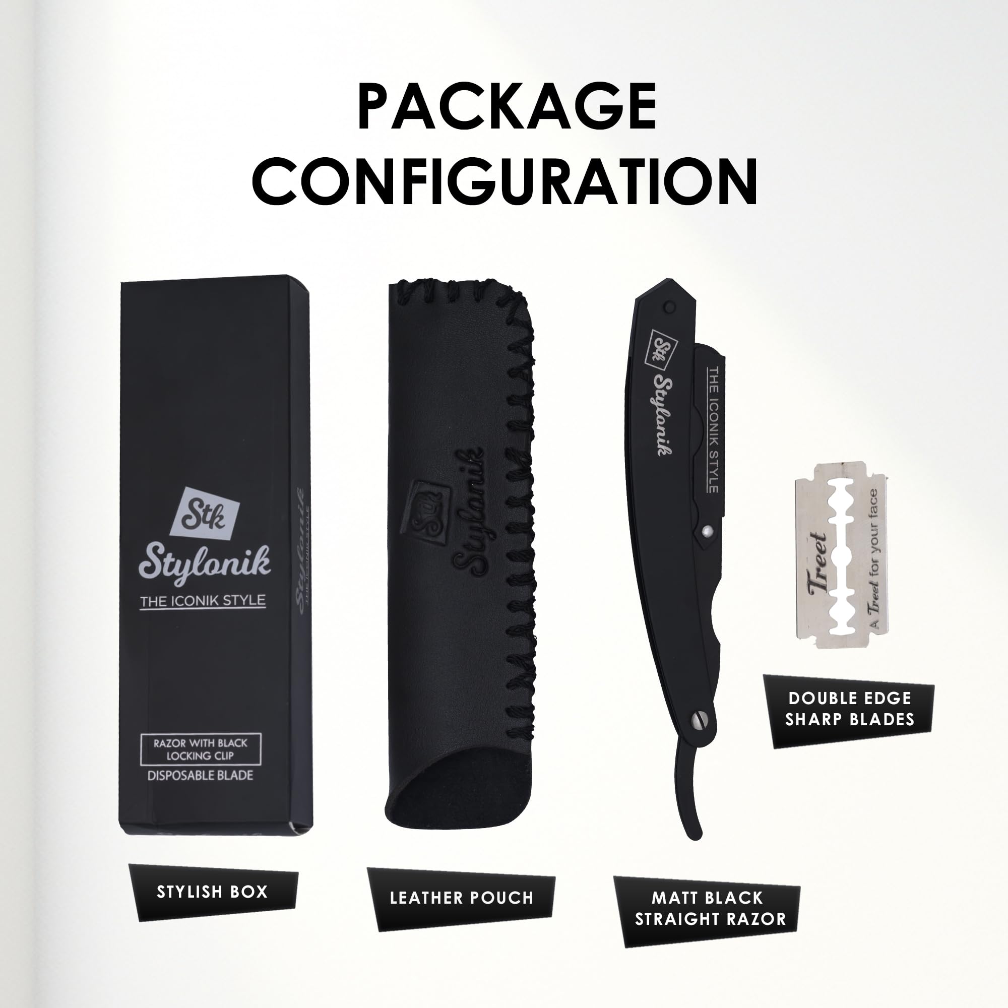 Stylonik Professional Straight Edge Barber Razor – 60 Single/30 Double-Sided Stainless Steel Blades for Men & Women, with Leather Case (Matt)