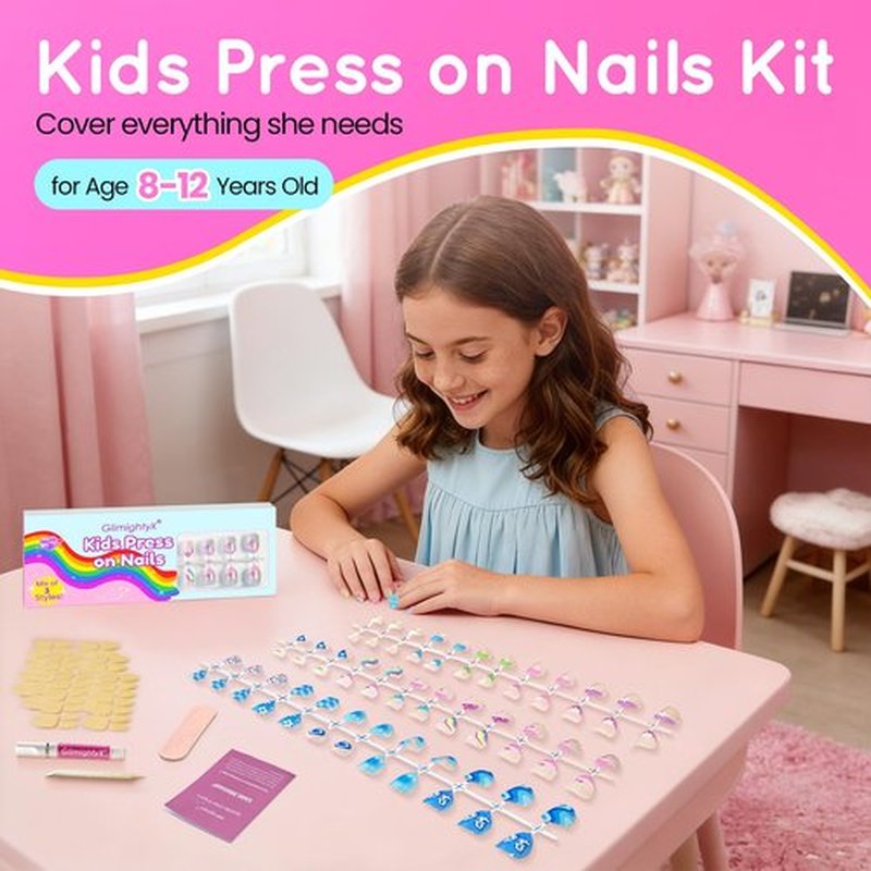 72 Pcs Press on Nails for Kids, GlimightyX 3 Styles Girls Fake Nails Set with Nail Glue & Sticky Tabs,Flower Rainbow Pink Nails Set for 8-12 Years Old,Christmas Gift DIY Home