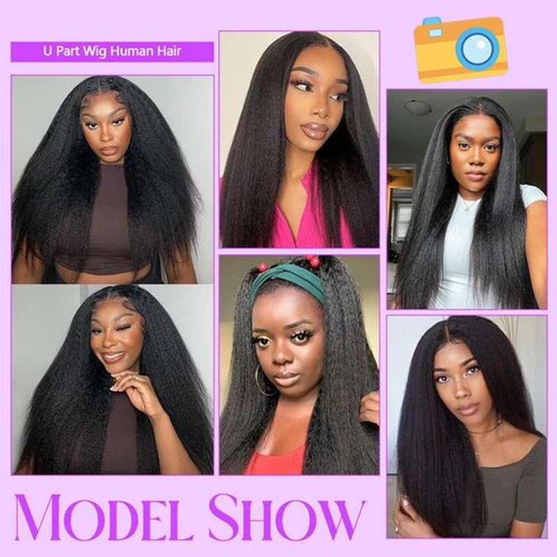 Fuduete 18 Inch Kinky Straight U Part Human Hair Wig With Drawstring for Black Women 220% Density Glueless Yaki Straight U Part Human Hair Wigs No Sew in No Glue Natural Color