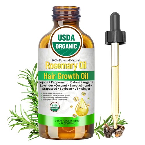 MMPANG Rosemary Oil for Hair Growth, Organic Hair Oil For Hair Growth USDA Certified Cold Pressed with Castor, Peppermint for Thicker Eyebrows, Scalp Treatment & Repair Damaged Hair – 4 FL OZ