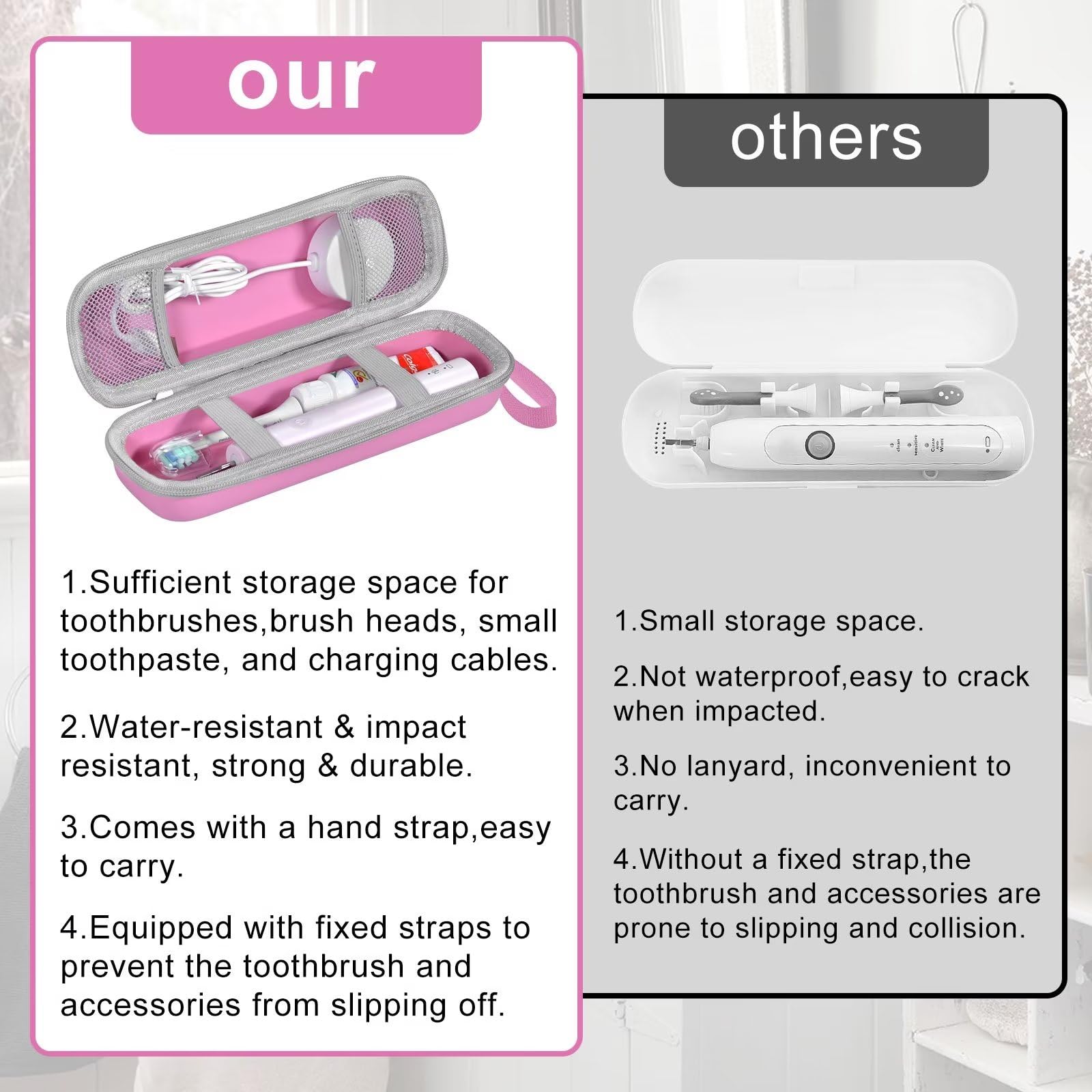 TUNYINSH Toothbrush Travel Case for Oral B/Oral-B Pro 1000 1500 5000 7000 7500 6000 9600/ Phlips Sonicare 4100 5100 1100 6100 5300 Electric Toothbrush, Portable Hard Protective Storage Bag (Pink)