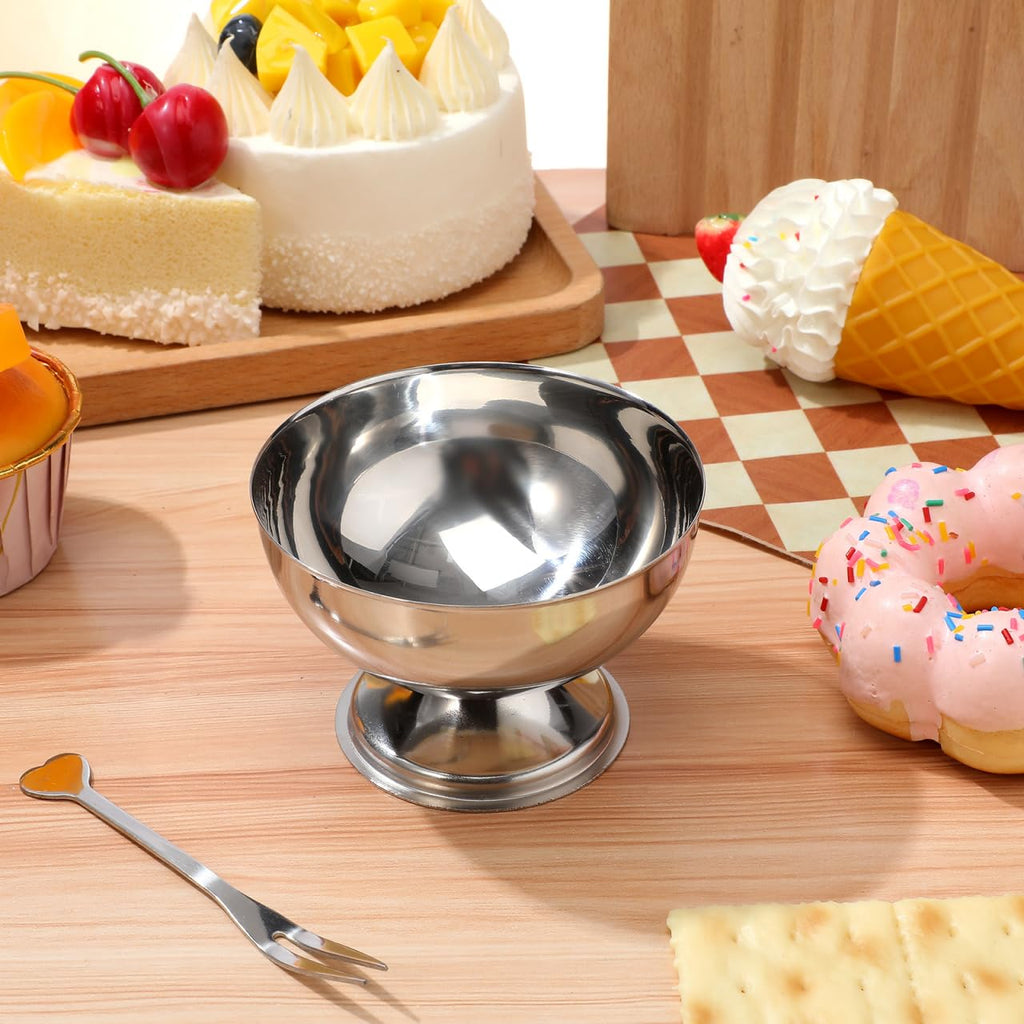Housoutil Ice Cream Cups, 4 Pcs Stainless Steel Serving Dessert Bowls, Round Sauce Bowls, Reusable Footed Yogurt Snack Candy Cups for Cake Salad Fruit Pudding Snacks Christmas Party