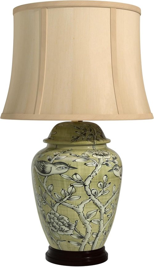 Red Lantern Jade Green Birds and Flowers Lamp - Elegant 25-Inch Design for Home Decor