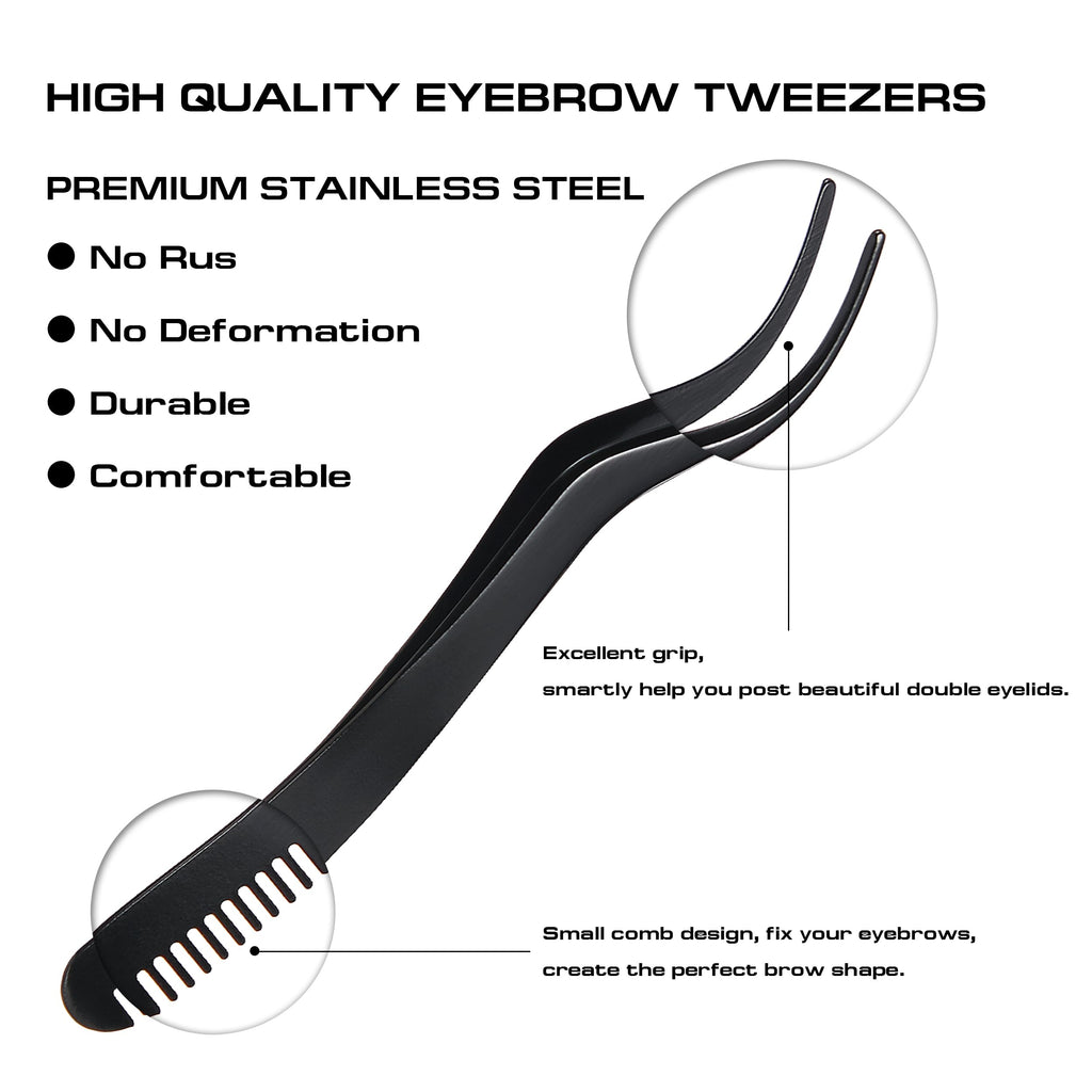 2 in 1 Lash Extension Tweezers with Comb, Stainless Steel Elbow Eyelash Extension Tweezers, Eyelash Tweezers for Lash Extensions, Precise Eyebrow Tweezers Tool for DIY False Eyelashes Clusters, Black