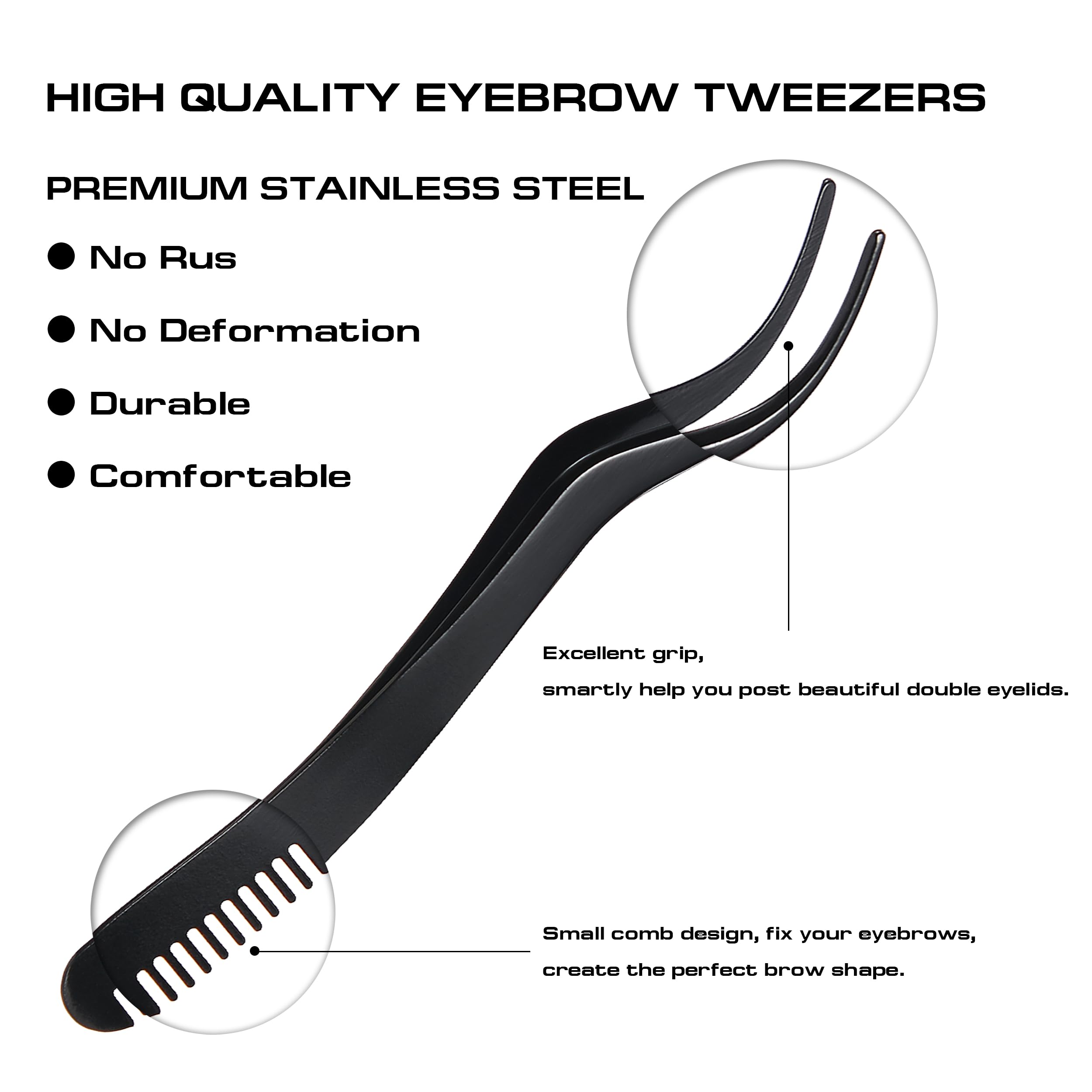 2 in 1 Lash Extension Tweezers with Comb, Stainless Steel Elbow Eyelash Extension Tweezers, Eyelash Tweezers for Lash Extensions, Precise Eyebrow Tweezers Tool for DIY False Eyelashes Clusters, Black