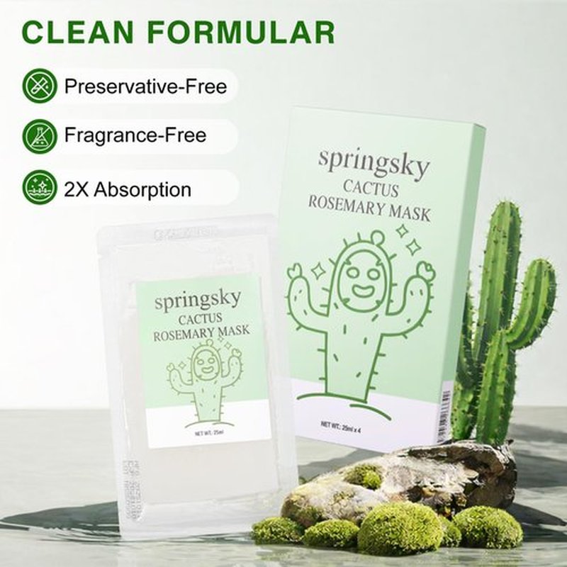 SPRINGSKY Hydrating Face Mask with Natural Cactus & Centella Asiatica, Moisturizing Sheet Mask for Dry Sensitive Skin, 24HR Deep Hydration Soothing for Radiant Glow, Korean Skincare, 4 Count