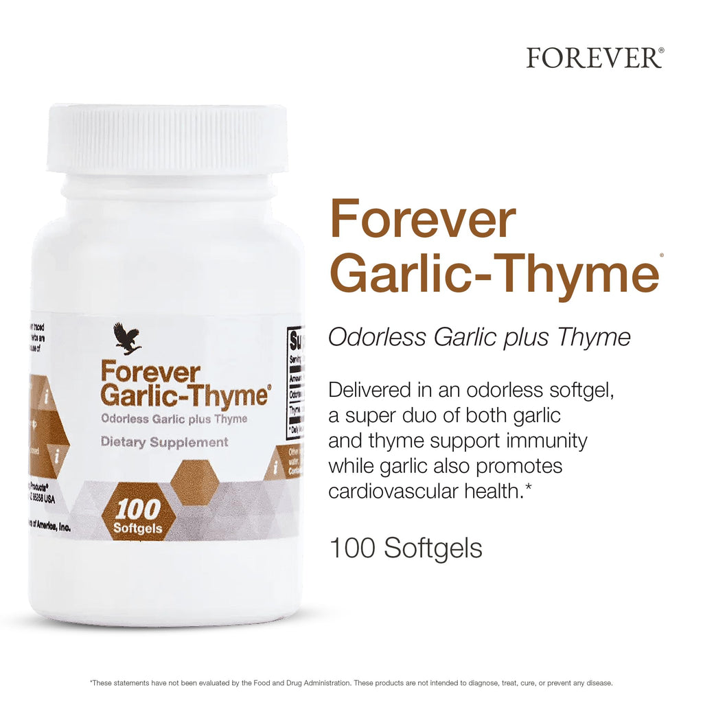 Forever Living - Forever Garlic-Thyme - Cardiovascular & Immune Support with 10mg Garlic Extract & 50mg Thyme Leaf Powder - Odorless Softgel, Gluten-Free - 100 Softgels