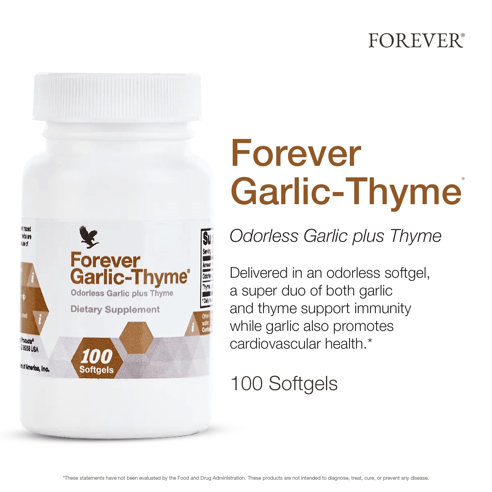 Forever Living - Forever Garlic-Thyme - Cardiovascular & Immune Support with 10mg Garlic Extract & 50mg Thyme Leaf Powder - Odorless Softgel, Gluten-Free - 100 Softgels