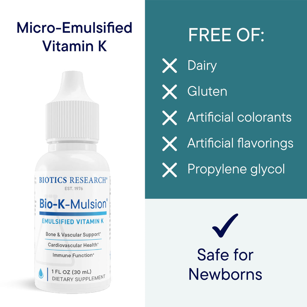 BIOTICS RESEARCH Bio K Mulsion Liquid Vitamin K Drops - 500 mcg/S - Vitamin K1 phytonadione for Adults - VIT K Supplement - Strong Bones, Heart Health, Blood Clotting Support, 1 fl oz