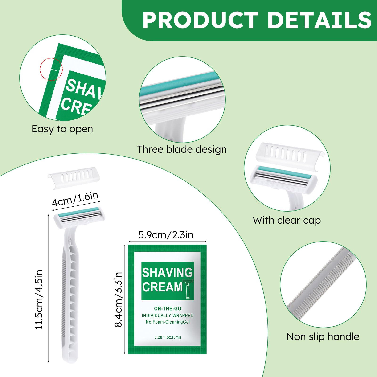 Xuezoioy Disposable Razors Bulk - Pack of 10,Individually Wrapped Grey 3 Blade Razors with 8 ml/0.28 fl oz Packet Shaving Cream and Clear Cap for Homeless,Hotel,Shelter,Travel