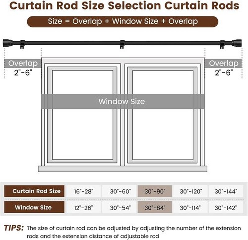 Skiennix Matte Black Curtain Rod - Heavy Duty Adjustable 30-90 Inch | 1” Diameter, 2 Pack for 30-84 Inch Windows