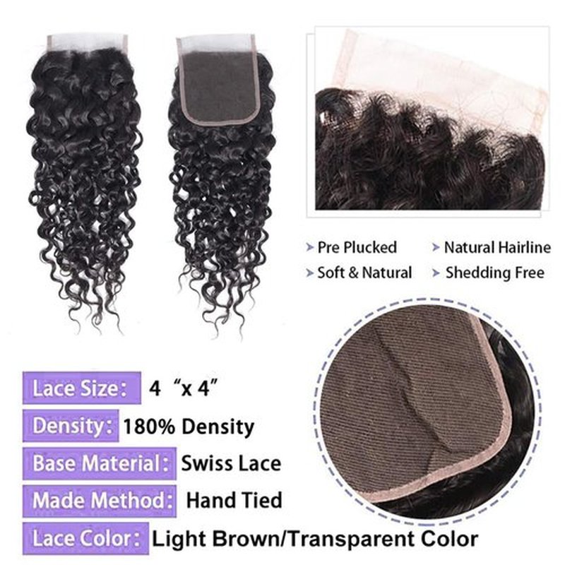 4x4 Transparent Hd Lace Closure Water Wave Invisible Ultra-Thin 4x4 Closure Brazilian Raw Virgin Human Hair Pre Plucked Natural Black (4x4 Lace Closure, 10 Inch)