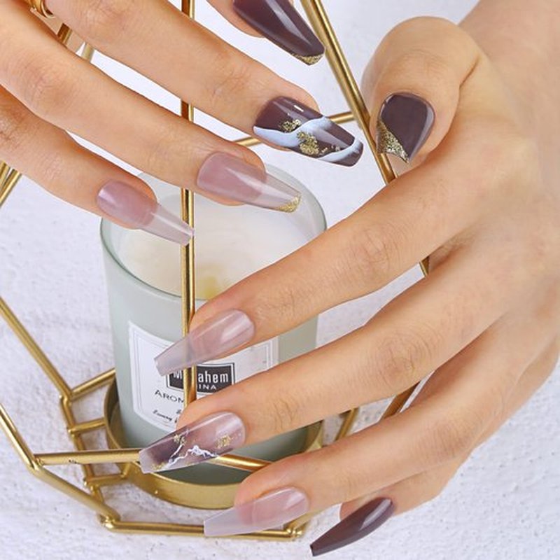 MLEN DIARY 24pcs Press On Nails Long Squoval Manicure Brown Acrylic Gel Nails Kit Reusable Press-On Nails Coffin 12 Sizes Full Cover Square False Nails Decoration(Sienna)