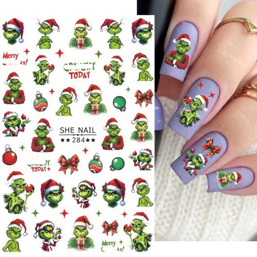 6 Sheets Christmas Nail Art Decals 3D Self-Adhesive Cartoon Xmas Nail Stickers Design WinterXmas Funny Green Monster Nail Decals Christmas Nail Decals Supplies for Women Nail Art DIY Manicure