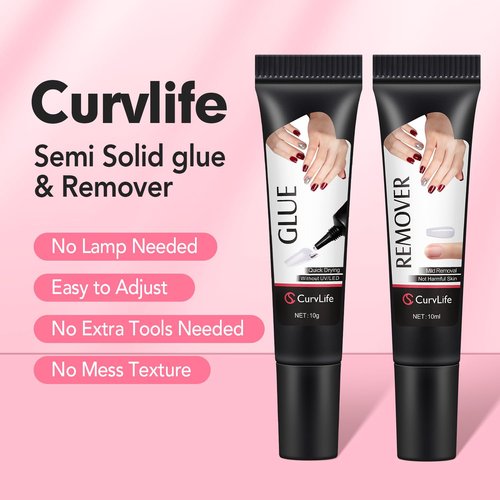 Curvlife 2pcs 10g Semi-Solid Glue Gel and 20ml Pinpoint Glue Remover Kit for Press on Nails, Valentine's Day Gifts Quick Dry No UV Lamp Needed with Gentle Non-Acetone Remover, Fake Nail Tips