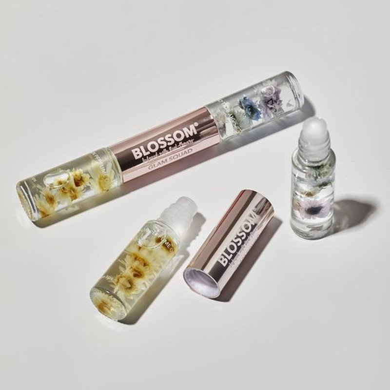 Blossom Lip Gloss & Roll On Perfume for Women, Glam Squad Double Sided Gift Set, Infused with Real Flowers, Bachelorette Gift, Made in USA 0.2oz, Raspberry/Coconut Nectar