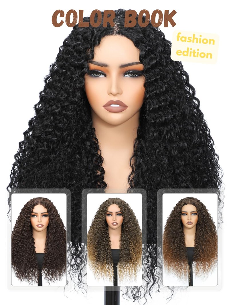 YKHJH 26 Inch Synthetic Lace Front Wig Black Curly Synthetic Wig Protein Fiber Like Human Hair, Glueless Water Wave Hair (Black)