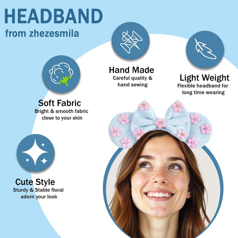 zhezesmila Mouse Ears Flower & Rhinestones Headband Mouse Hair Bow Headband for Women Hair Band Accessory for Princess Costume Holiday Park Travel