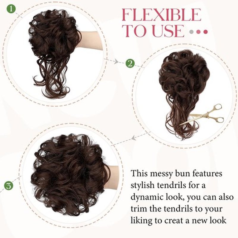 FeidyLong 2PCS Messy Bun Hair Piece Tousled Updo with Tendrils Wavy Curly Hair Bun Scrunchies Ponytail Extension Elastic Band Hairpieces For Women (Medium Brown)