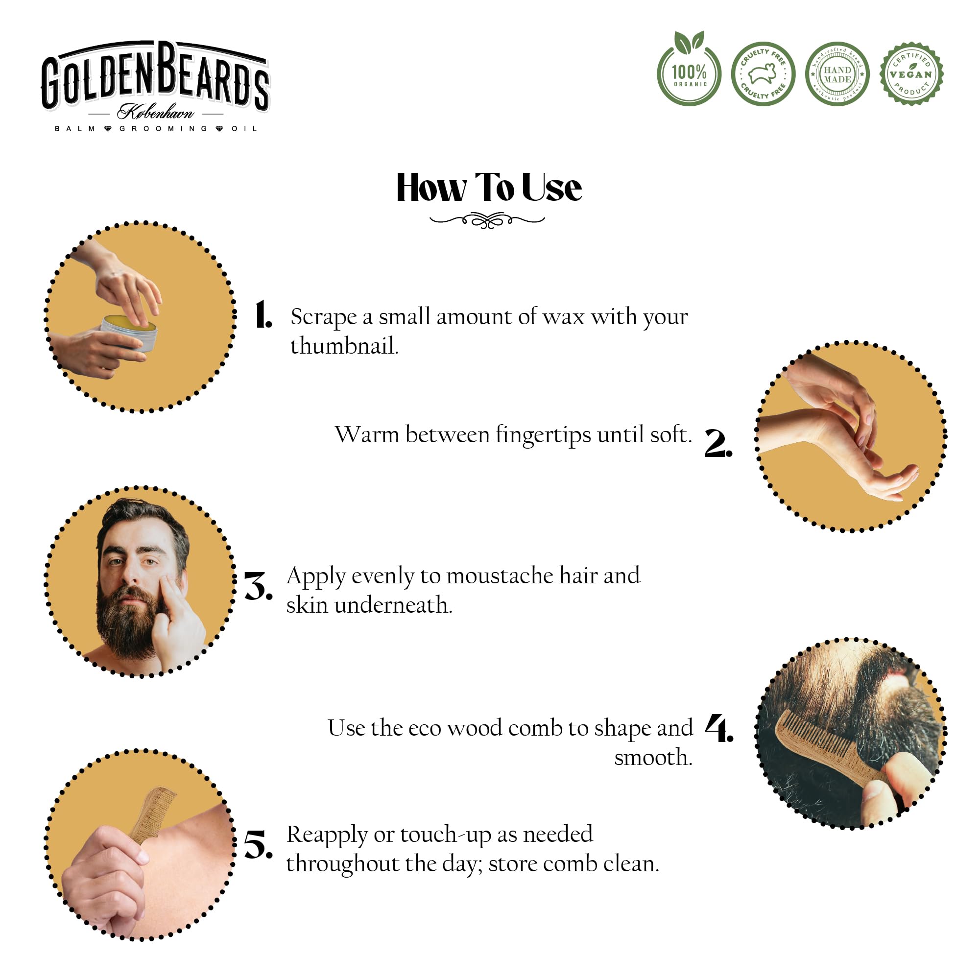 Golden Beards Moustache Wax & Eco Wood Vegan Comb Kit – Medium Hold Wax with Lime Scent & Eco Wood Comb 2.5 in – Handmade, Vegan, Cruelty-Free Moustache Styling Set