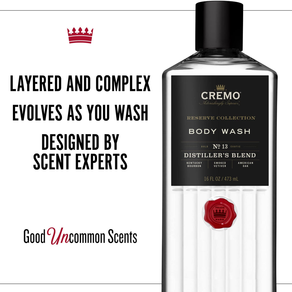 Cremo Rich-Lathering Distiller’s Blend (Reserve Collection) Body Wash, An Elevated Blend with Notes of Kentucky Bourbon, Smoked Vetiver and American Oak, 16 Fl Oz (Pack of 2)