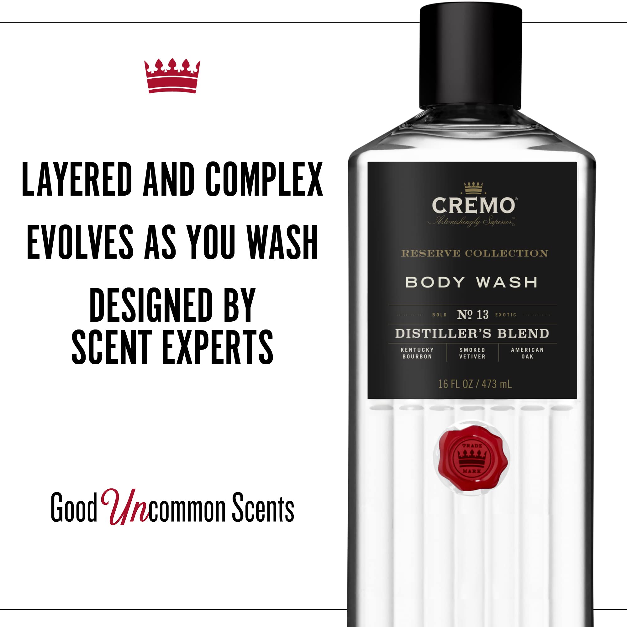 Cremo Rich-Lathering Distiller’s Blend (Reserve Collection) Body Wash, An Elevated Blend with Notes of Kentucky Bourbon, Smoked Vetiver and American Oak, 16 Fl Oz (Pack of 2)