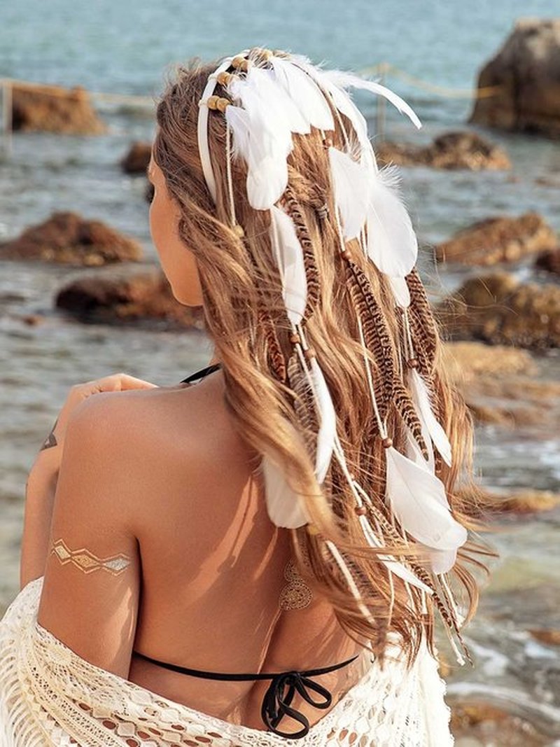 GORTIN Boho Feather Headband Indian Hippie Headpiece White Gypsy Feather Headdress Bohemian Costumes Hair Accessories for Women