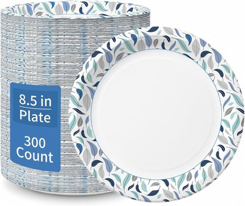 OuMuaMua 8.5 Inch Disposable Paper Plates - 300 Count, Soak Proof & Microwave Safe for Everyday Use