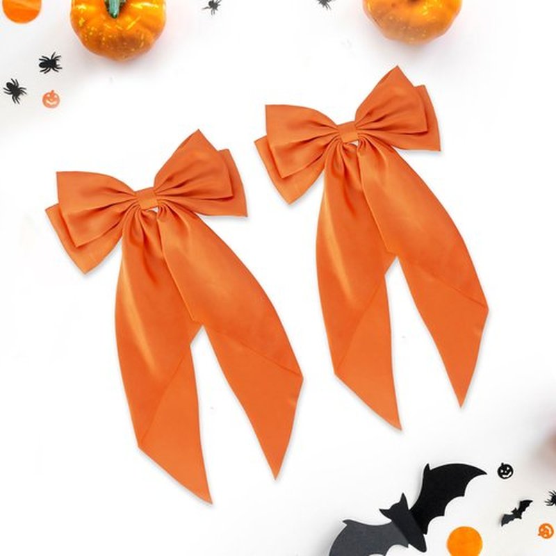 Halloween Fall Orange Hair Bows for Women, 2PCS Silky Satin Hair Bows with Long Tail Oversized French Hair Bow Barrettes Hair Accessories for Halloween Thanksgiving Autumn Holiday