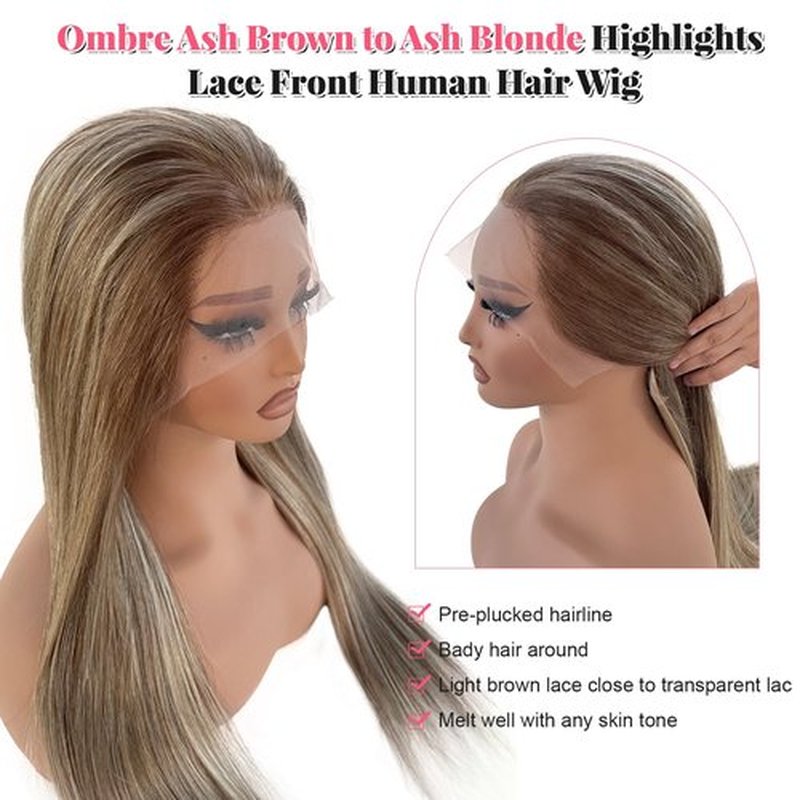 Ombre Blonde Lace Front Wigs Brown Balayge Human Hair 18 Inch 13x4 Lace Front Wigs for Women Pre Plucked with Baby Hair Glueless 150% Density Chestnut Brown with Ash Blonde Highlight Virgin Hair Wigs