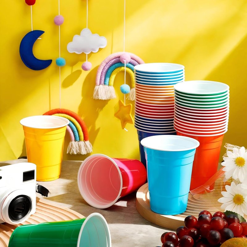 Xinnun 210-Pack Rainbow Disposable Plastic Cups - 16 oz Multi-Color Party Drinking Cups for Events